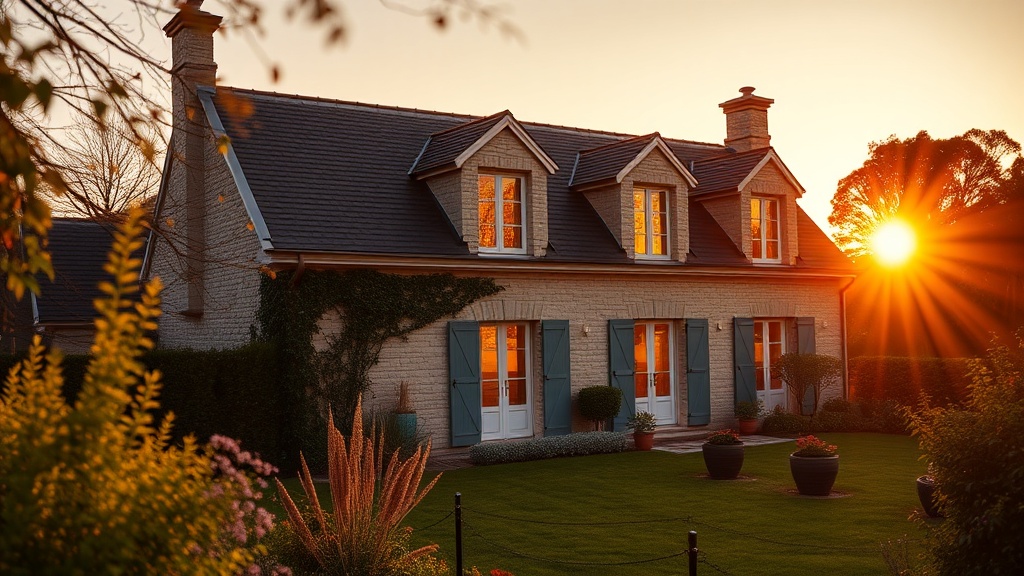 Maison familiale avec jardin éclairée à la tombée du jour à Nandy
