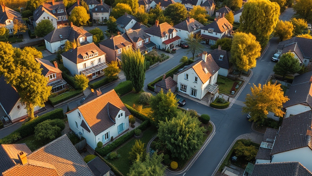 Vue d'un quartier résidentiel arboré à Nandy au coucher du soleil